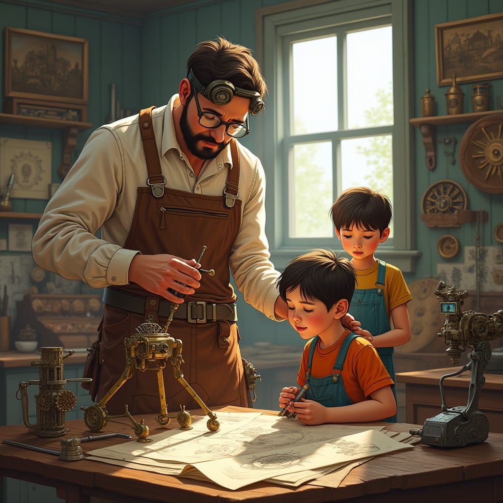 Steampunk Dad Tinkering with Clockwork Contraption