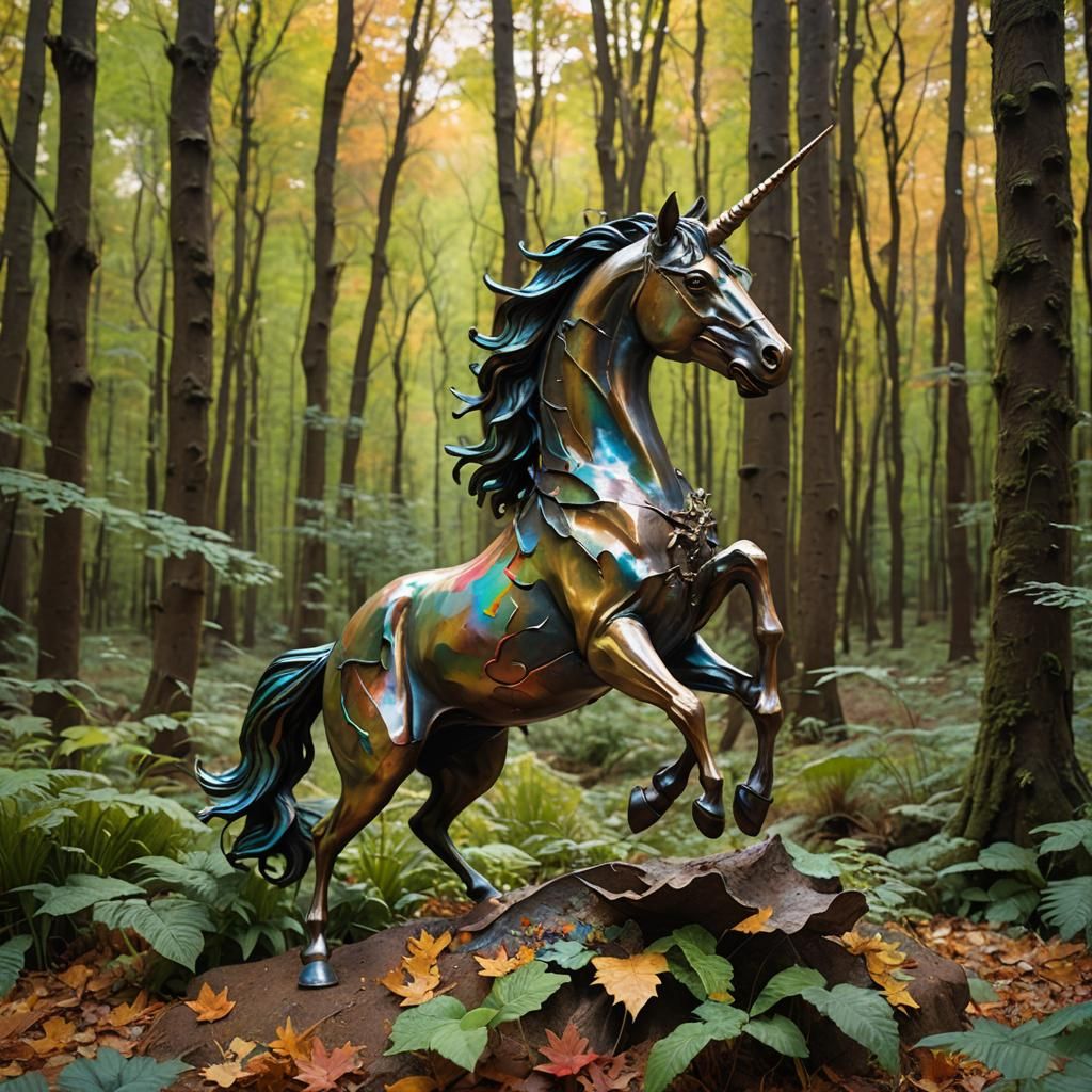 Happy Unicorn Bronze Sculpture in Forest, Hyperrealistic Spl...