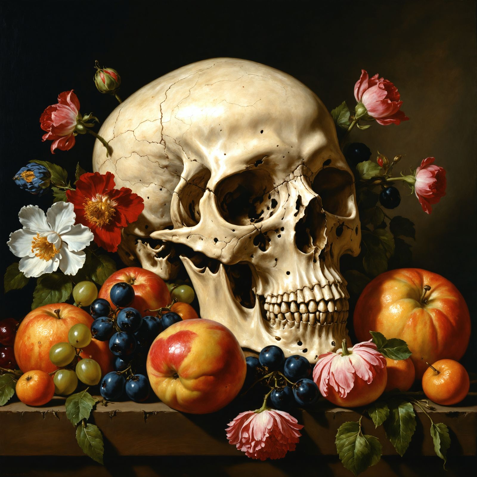 Baroque Still Life: Skull, Flowers, and Fruit