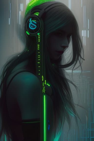 Cyberpunk Goddess with Neon Hair in the Rain