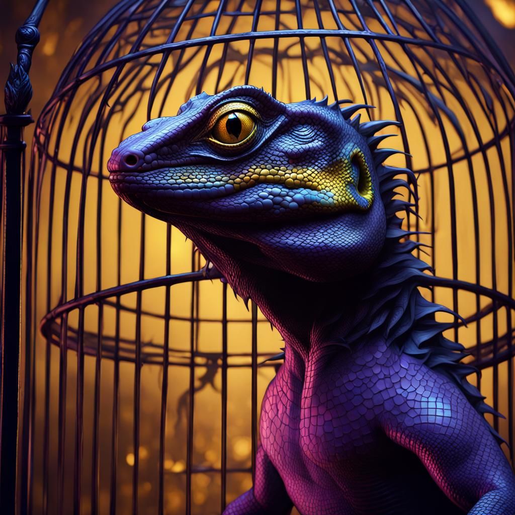 Black Lizard in Cage: Dark Fantasy Concept Art