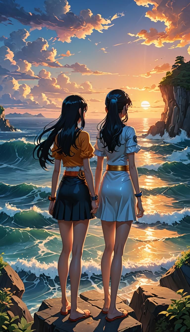 Sunset Reflections: Nico Robin and Nami in 3D Anime Style