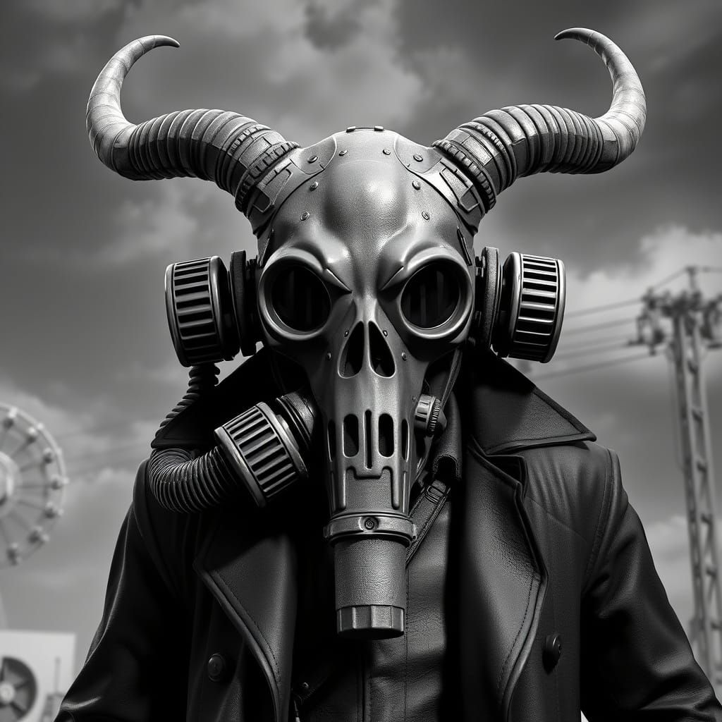 Futuristic Gas Mask Figure in Darkened Urban Landscape