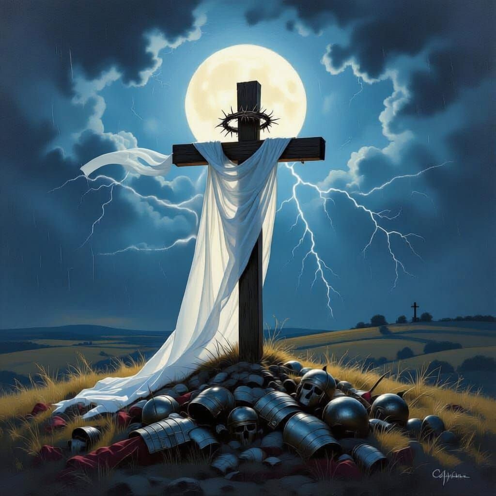 Christian Cross on Hill in Stormy Moonlight