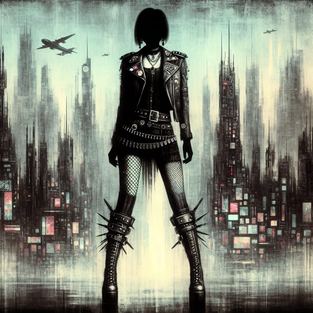 Edgy Woman in Cyberpunk Cityscape