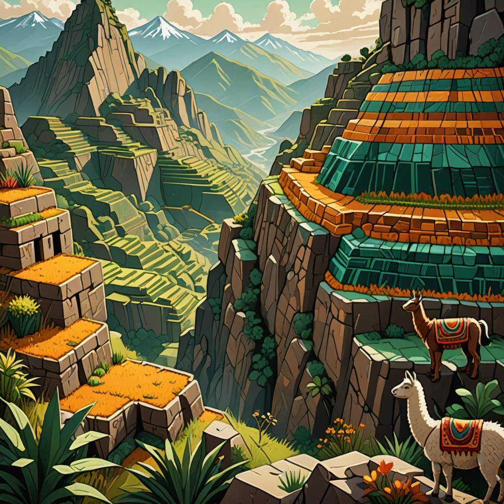 Inca Terraces and Llamas in Stylized Tapestry Art