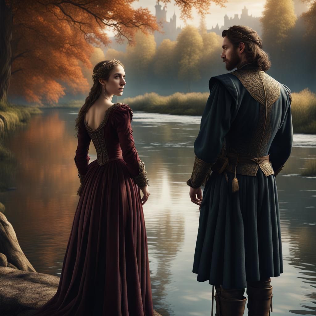 Renaissance Love Scene on Riverbank in Detailed Painting