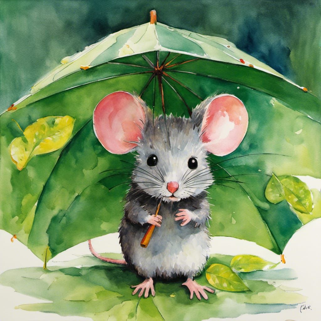 Mouse with Leaf Umbrella in Children's Book Style