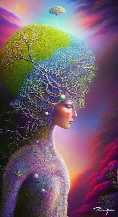 Brain Network with Fractal Tree Branches and Woman
