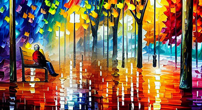 Autumn Night Park Scene in Neo-Impressionist Style