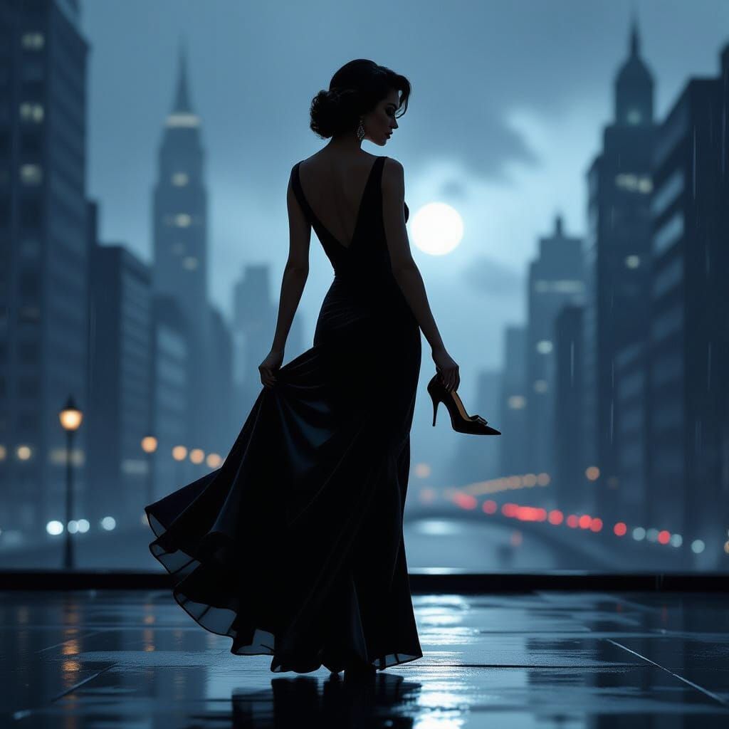 Glamorous Woman in Vintage Gown on Rainy Cityscape