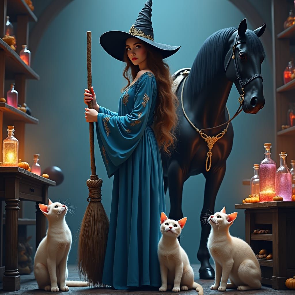 Benevolent Witch Ready for Flight in Fantasy Landscape