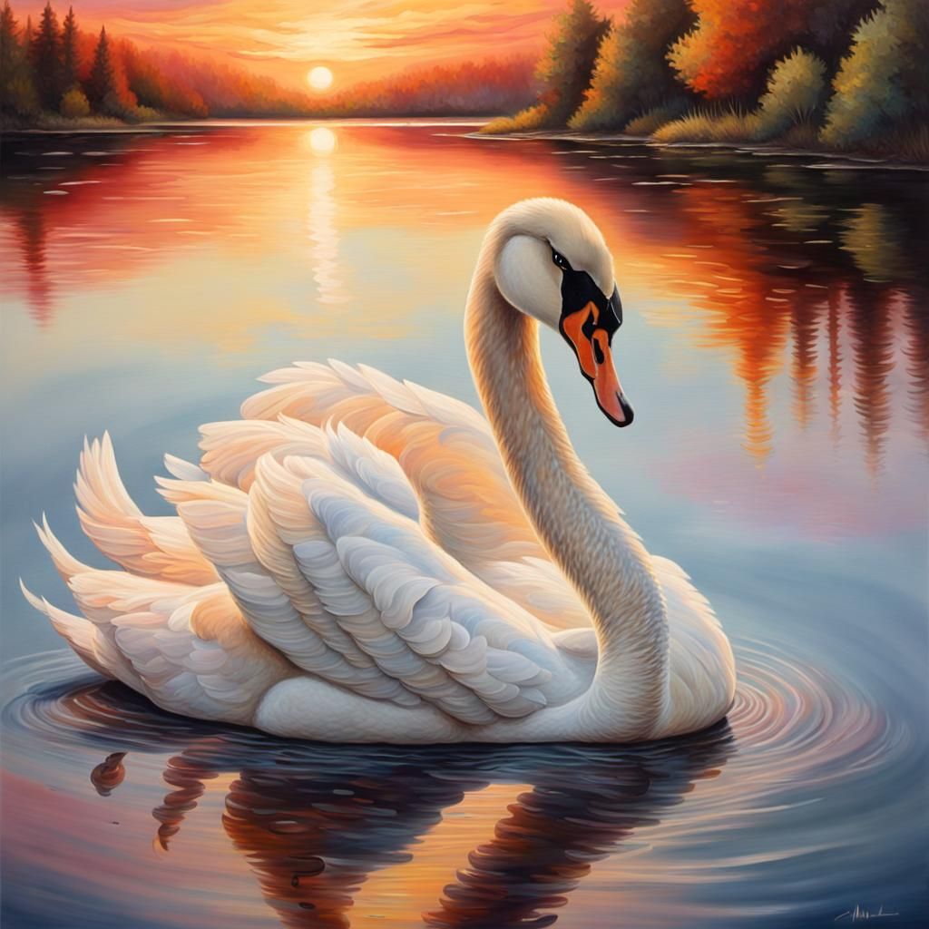 Serene Swan in Vibrant Sunrise Landscape