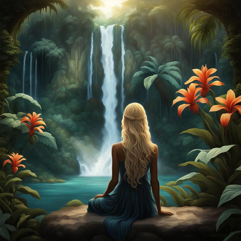 Woman Silhouetted at Waterfall: Hyperrealistic Matte Paintin...