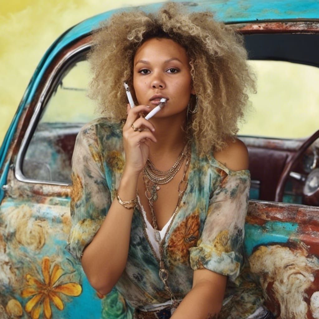 Hippie Woman with VW Bug in Photorealistic Style