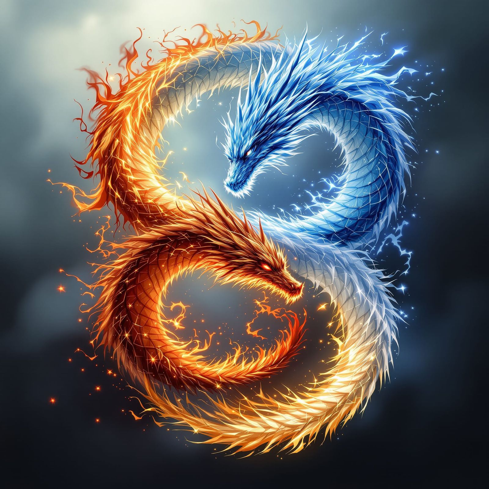 Twin Dragons of Fire and Ice in Yin Yang Coil
