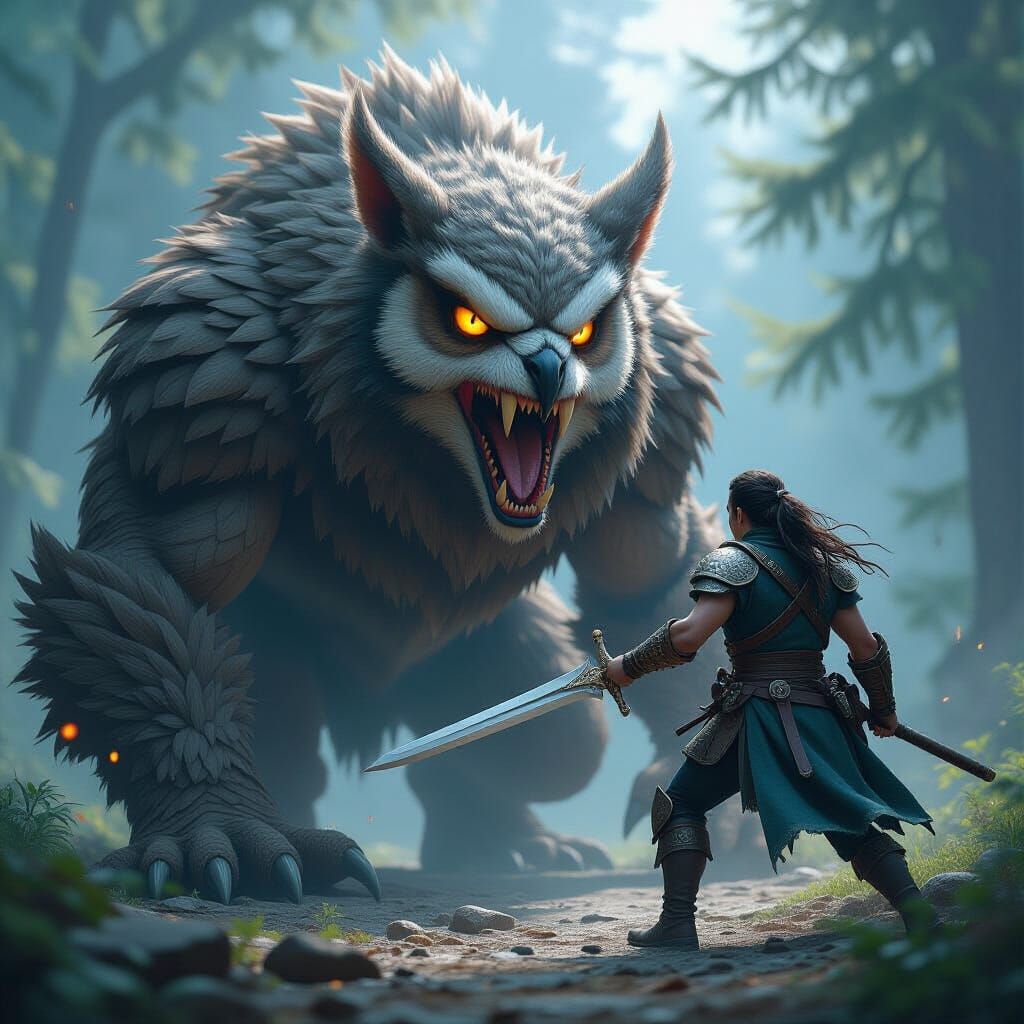 Teenage Warrior Battles Owlbear in Detailed Matte Painting