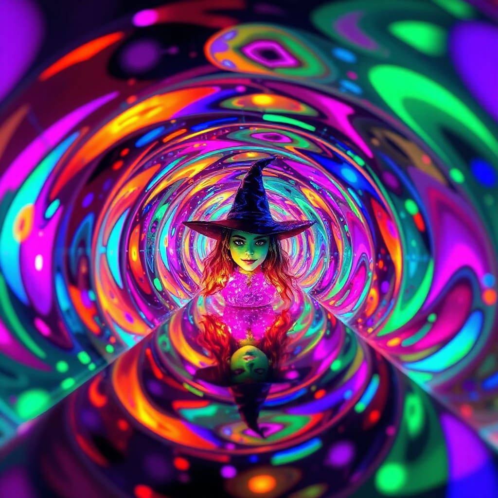 A vividly colored joyful witch reflected infinitely within a...
