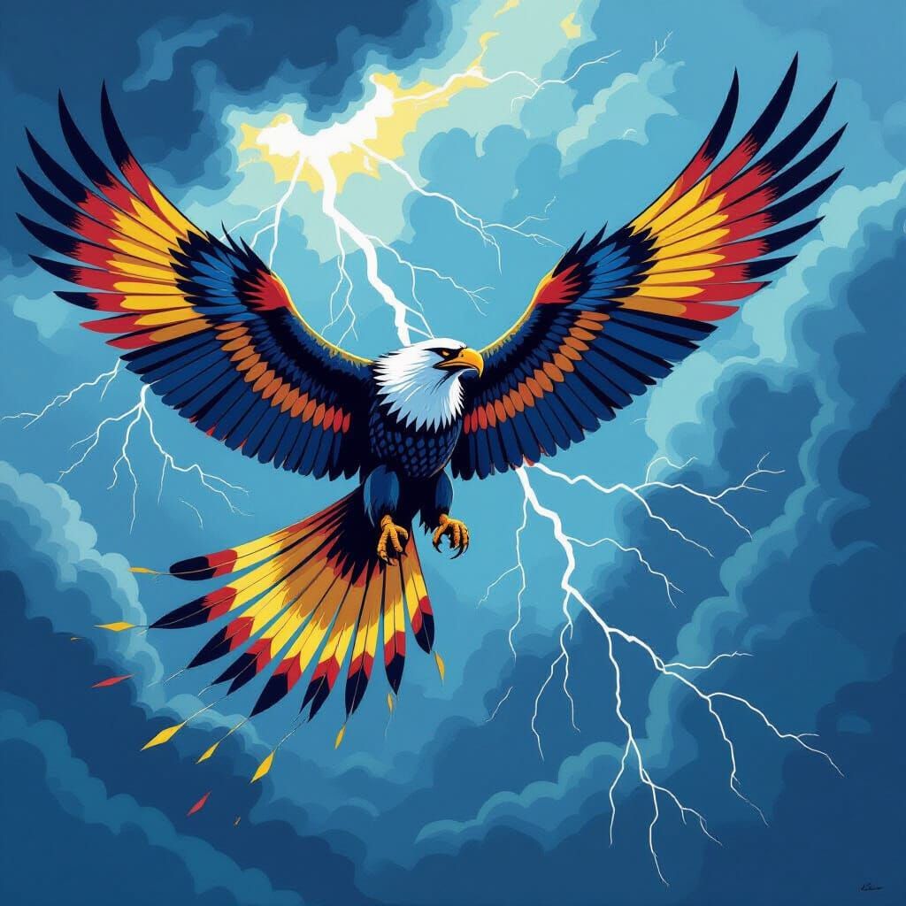 Thunderbird Soars Through Storm in Vibrant Graphic Art Style