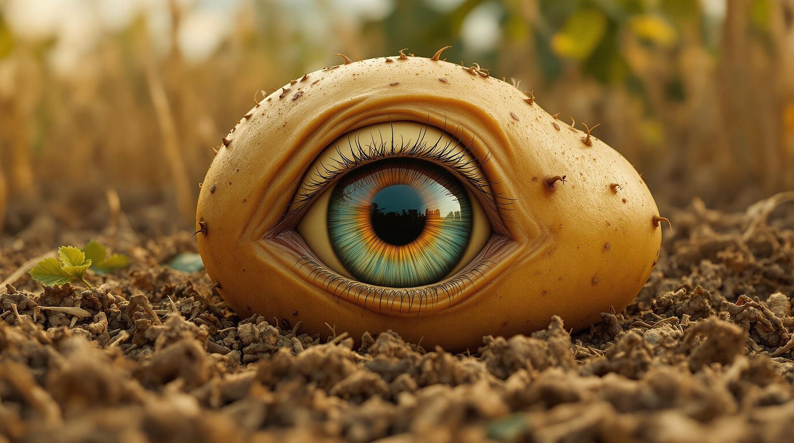 Hyper-Realistic 3D Potato with Giant Eye in Farm Landscape