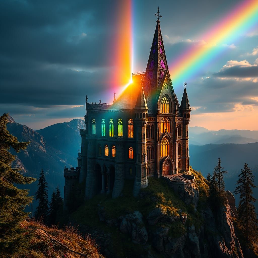 Gothic Stained Glass Castle on Mountain Top