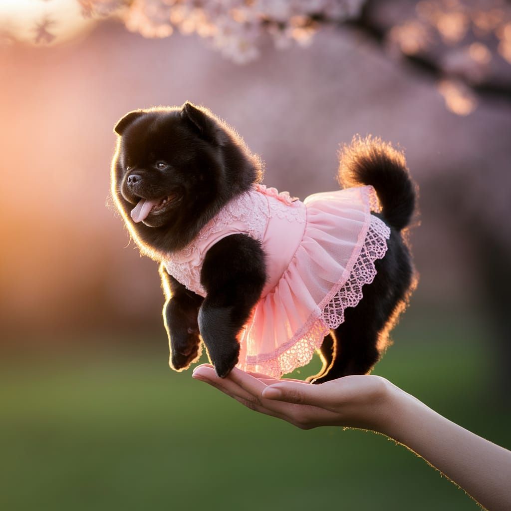 Tiny black Chinese Chow Chow in a pink ballet dress. Dancing in the palm of hand.