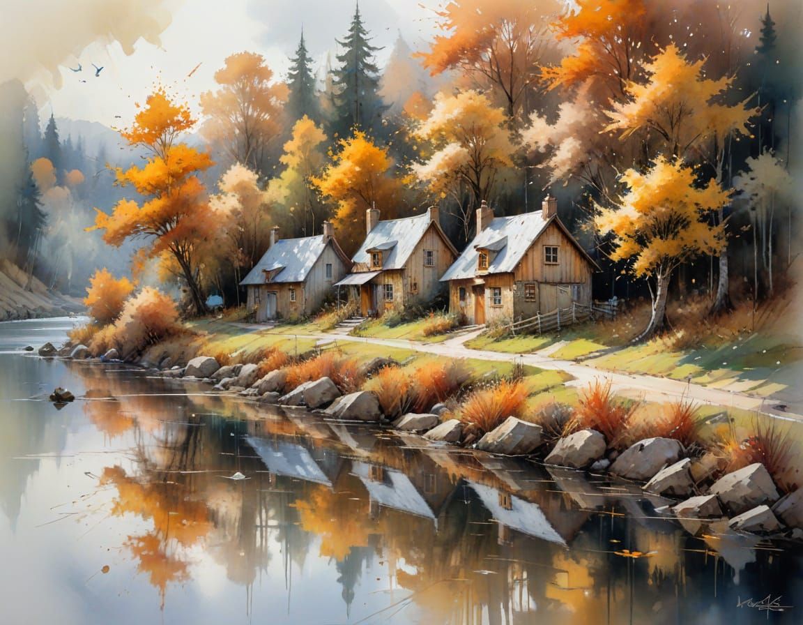 Autumn River Scene in Watercolor Style