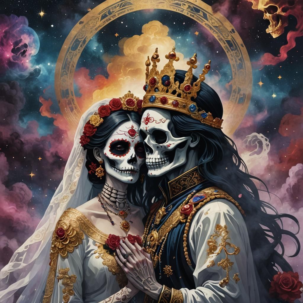 La Muerte and Skull Bride in Ukiyo-e Nebula Ceremony