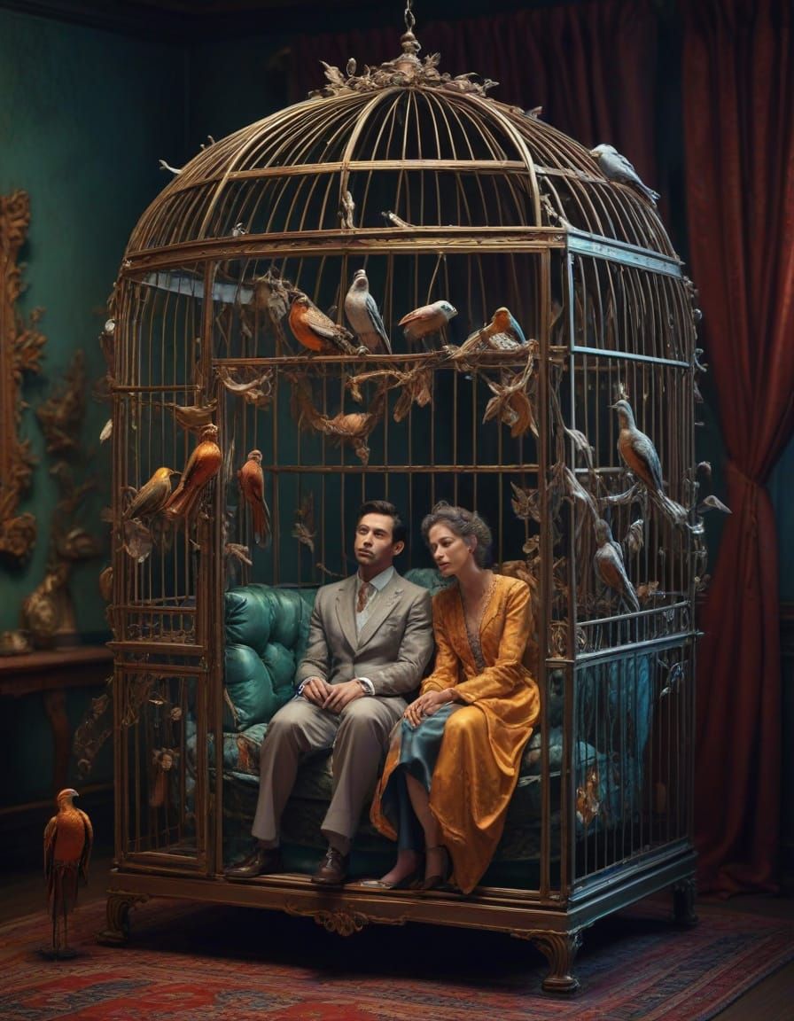 Humans in a Giant Bird Cage, Salvador Dali-Inspired Dreamlik...