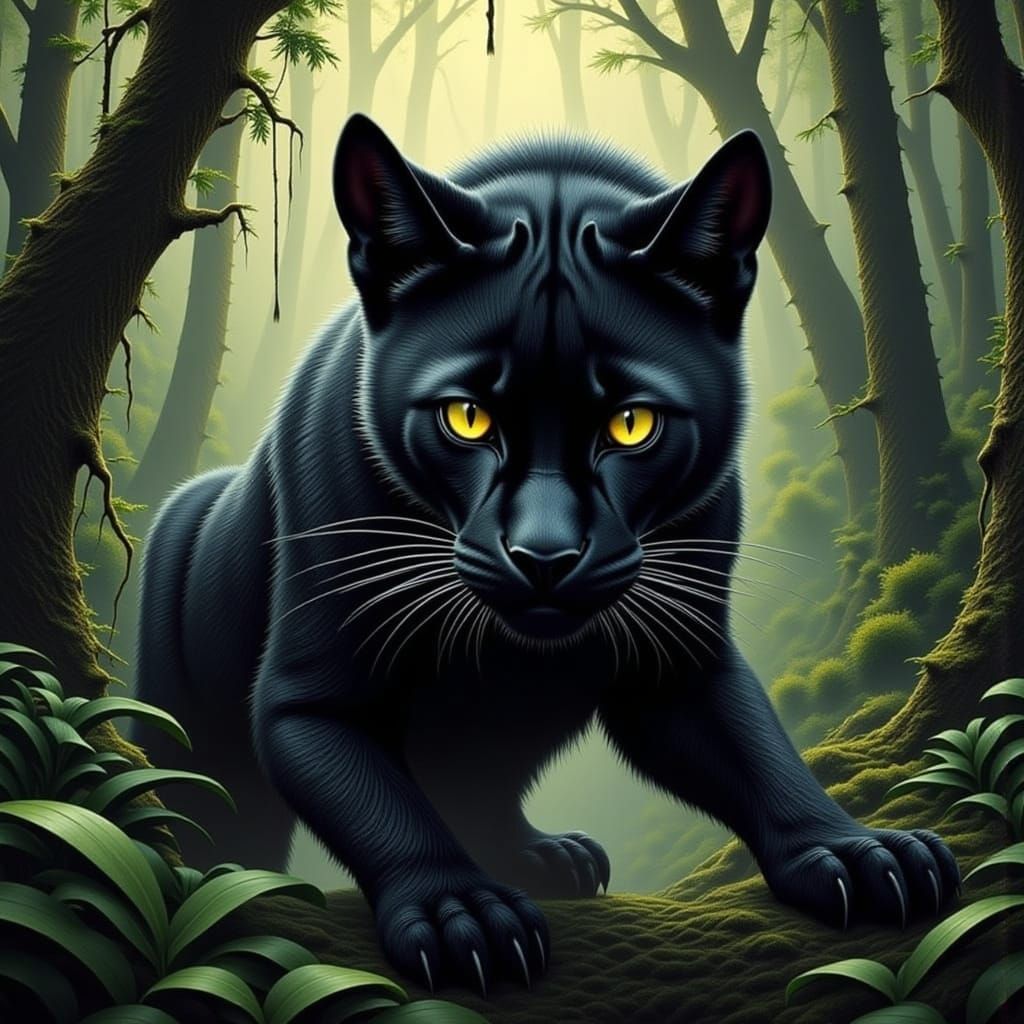 Black Panther in Jungle, Dynamic Wildlife Portrait