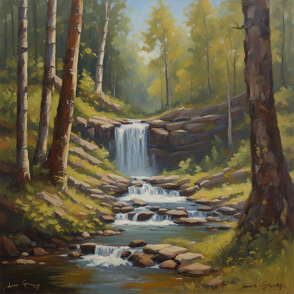 Forest Waterfall Oil Painting