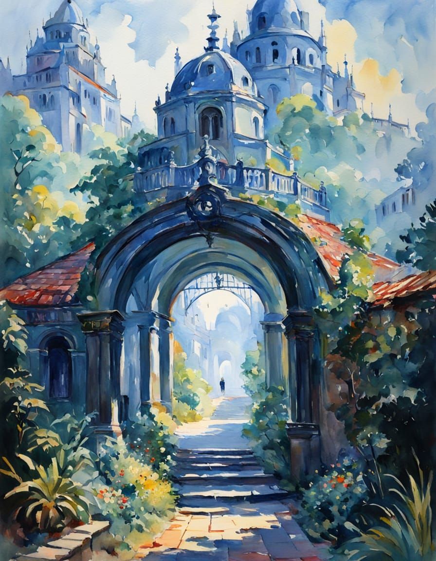Epic Gouache City Gate in Impressionist Style