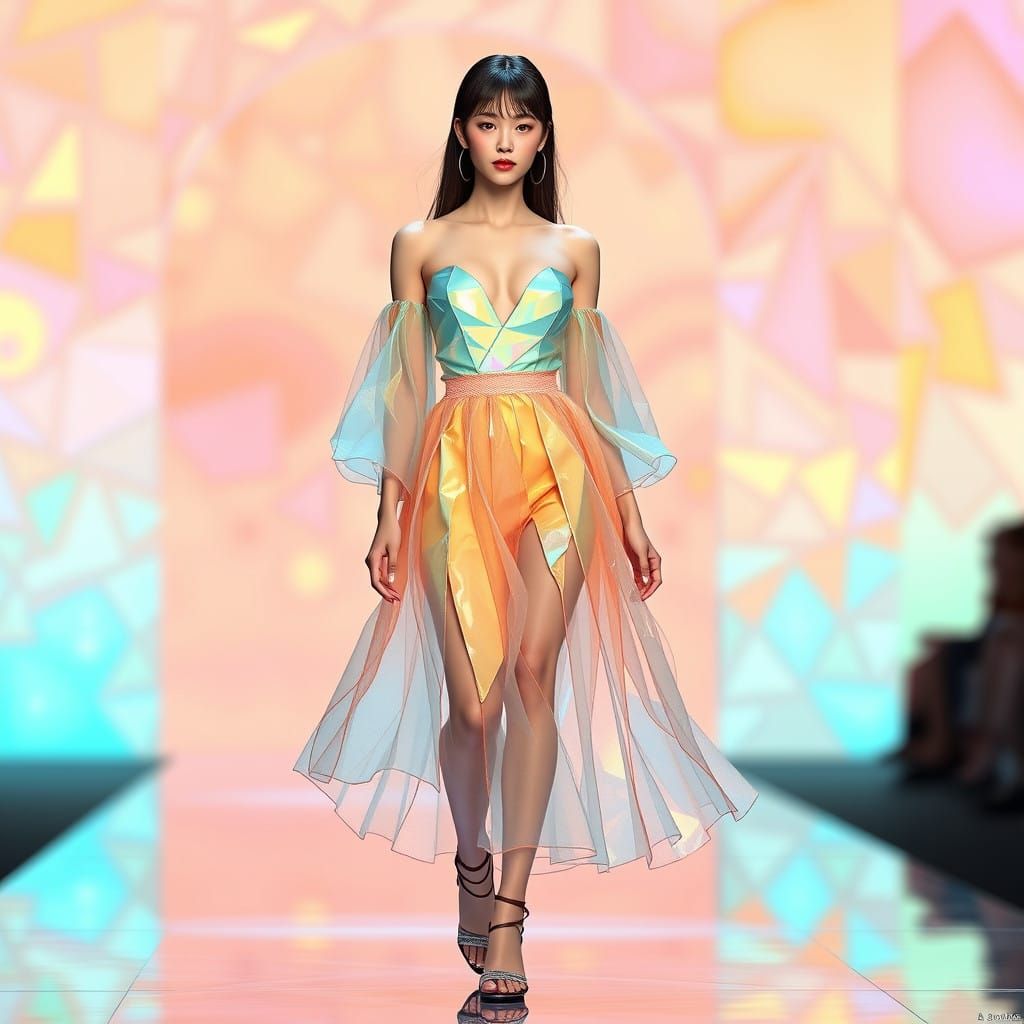 Glamorous Runway Model in Pastel Glass Miniskirts