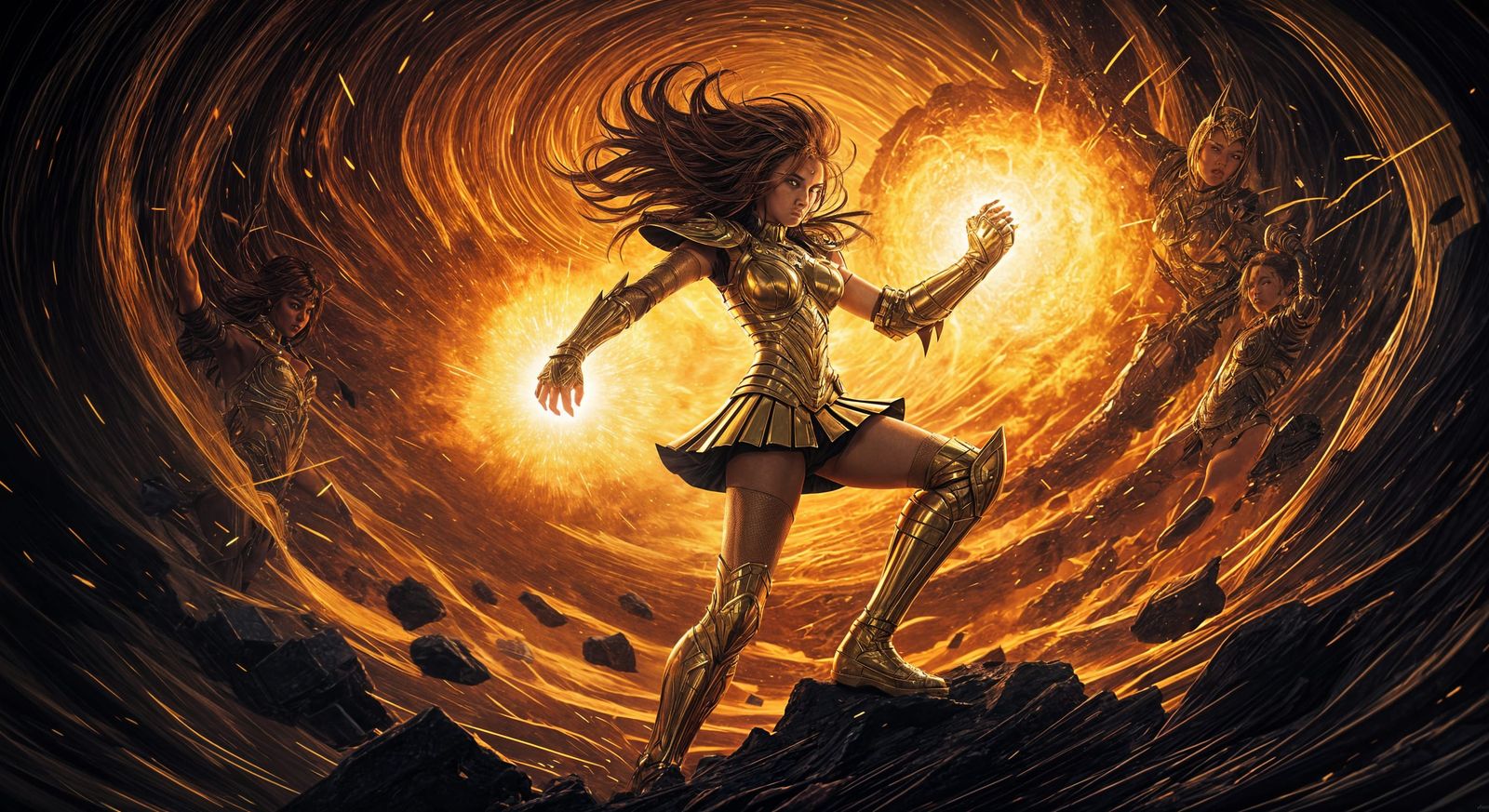 Golden Armor Superhero Battles Villain in Dynamic Anime Styl...