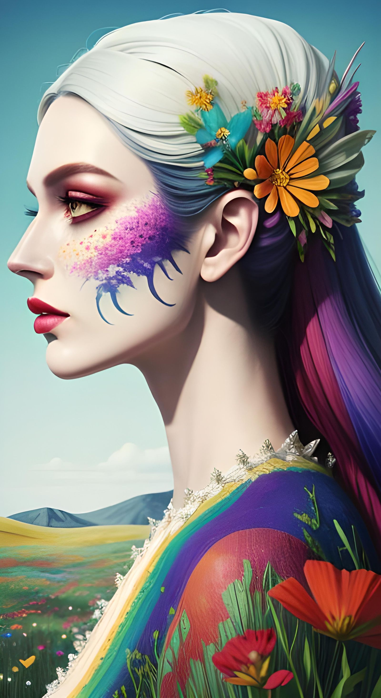 Surreal Profile Portrait with Multicolored Flowers