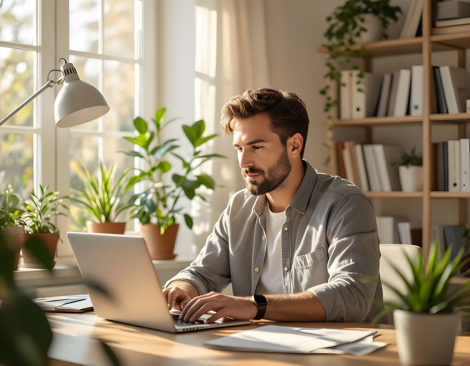 Man Working on Laptop in Minimalist Home Office