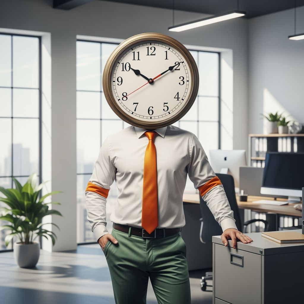 Man With Clock For A Head In Modern Office