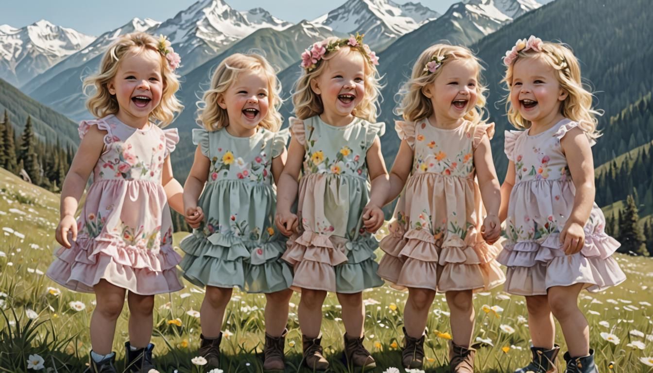 Toddlers in Pastel Dresses Laughing in Mountain Meadow