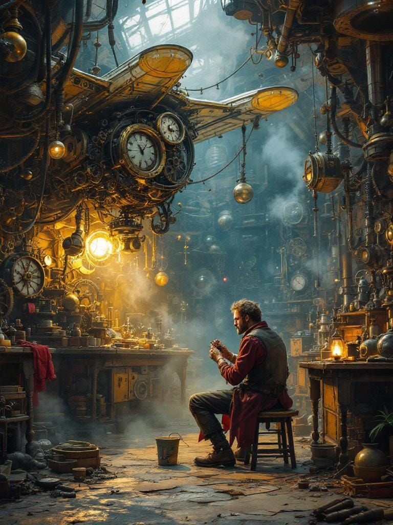 Steampunk Inventor Assembling Flying Machine