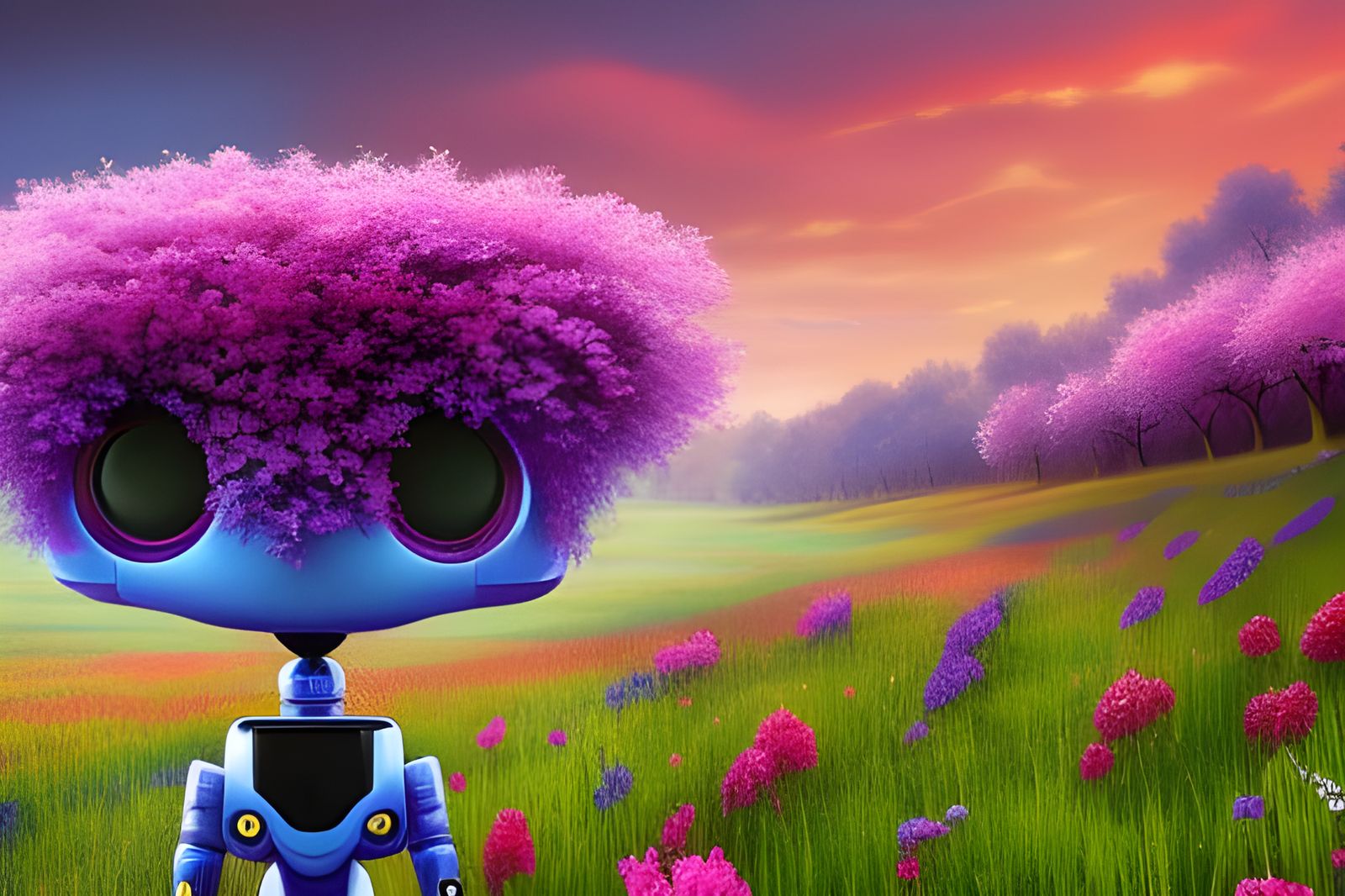 Alien Robot Discovers Flower Meadow, Digital Oil Painting
