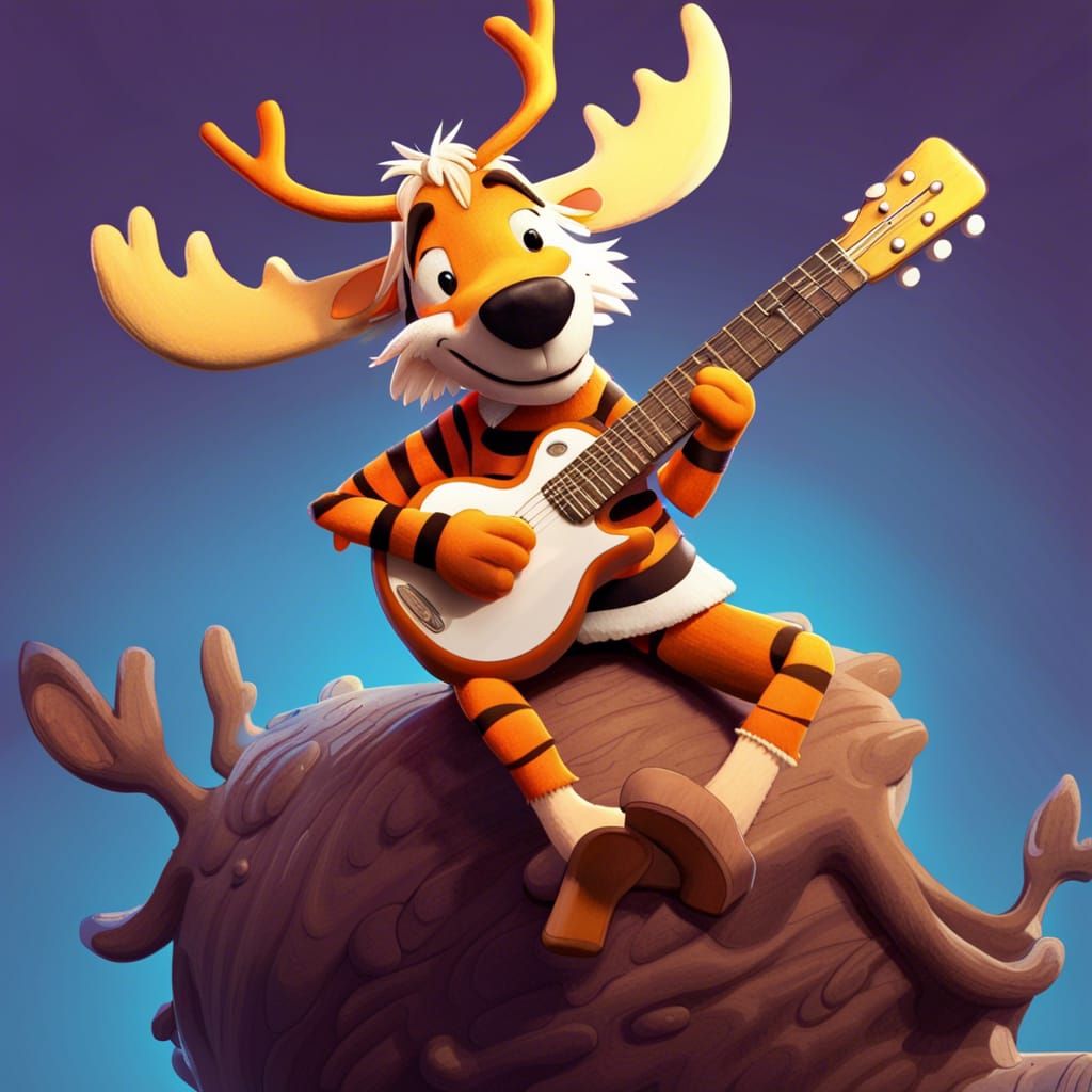 Hobbes Plays Guitar on a Moose: 3D Digital Art