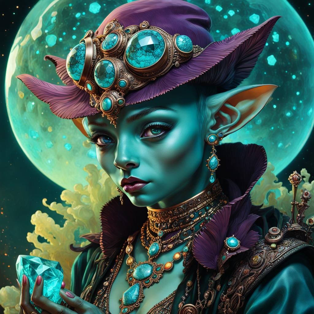 Turquoise Goblin Alchemist Portrait in Art Nouveau Style