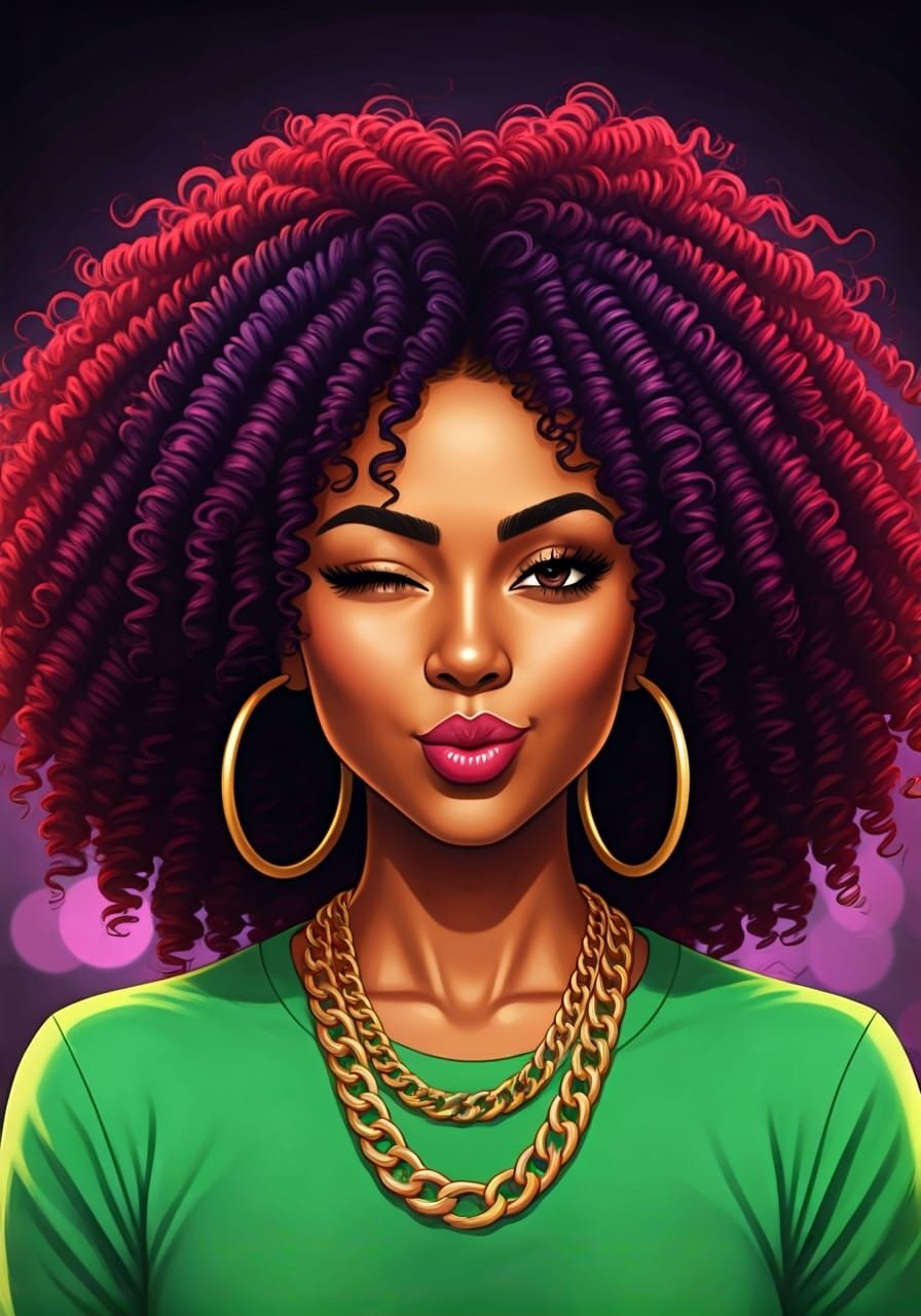 Playful Black Woman with Colorful Curls, Digital Illustratio...