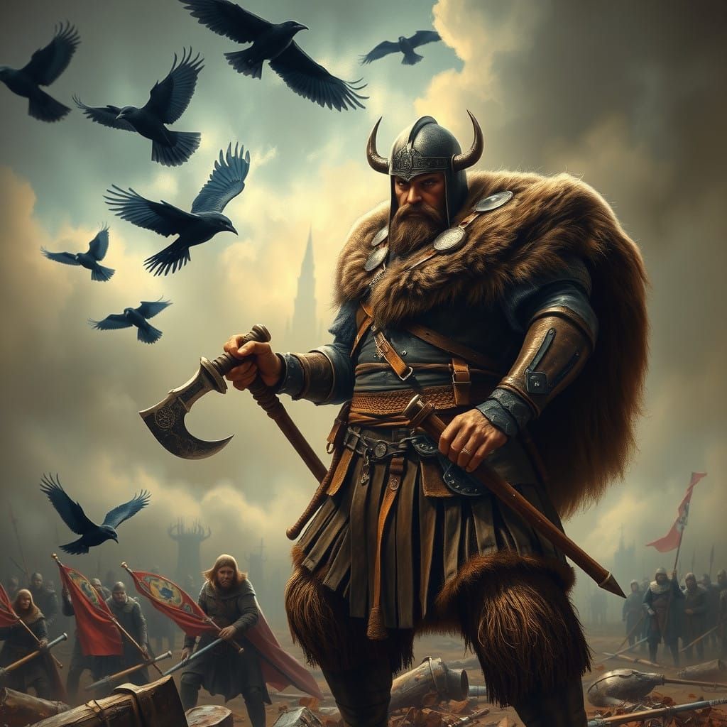 Epic Viking Warrior Battling Amidst a Stormy Battlefield