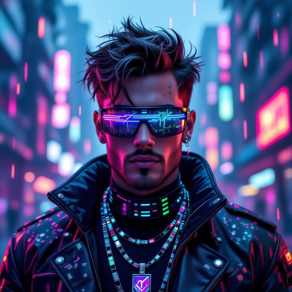 Cyberpunk Cityscape with Guy in Futuristic Attire