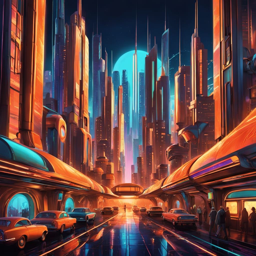 Retro-Futuristic Utopian Cityscape at Sunset