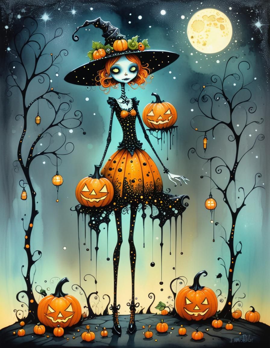 Whimsical Pumpkin Figure in Pointillist Fantasy Style