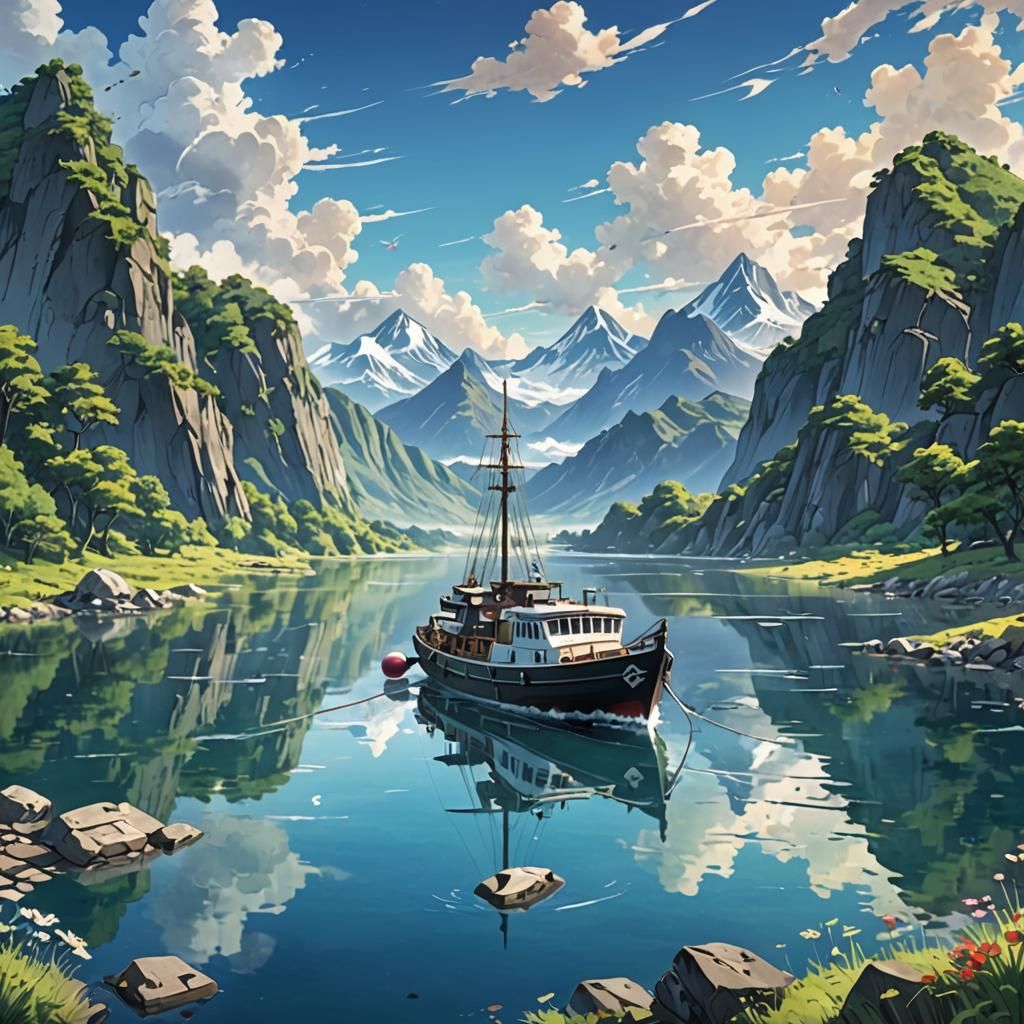 Anime-Style Boat Sailing with Mountain Backdrop