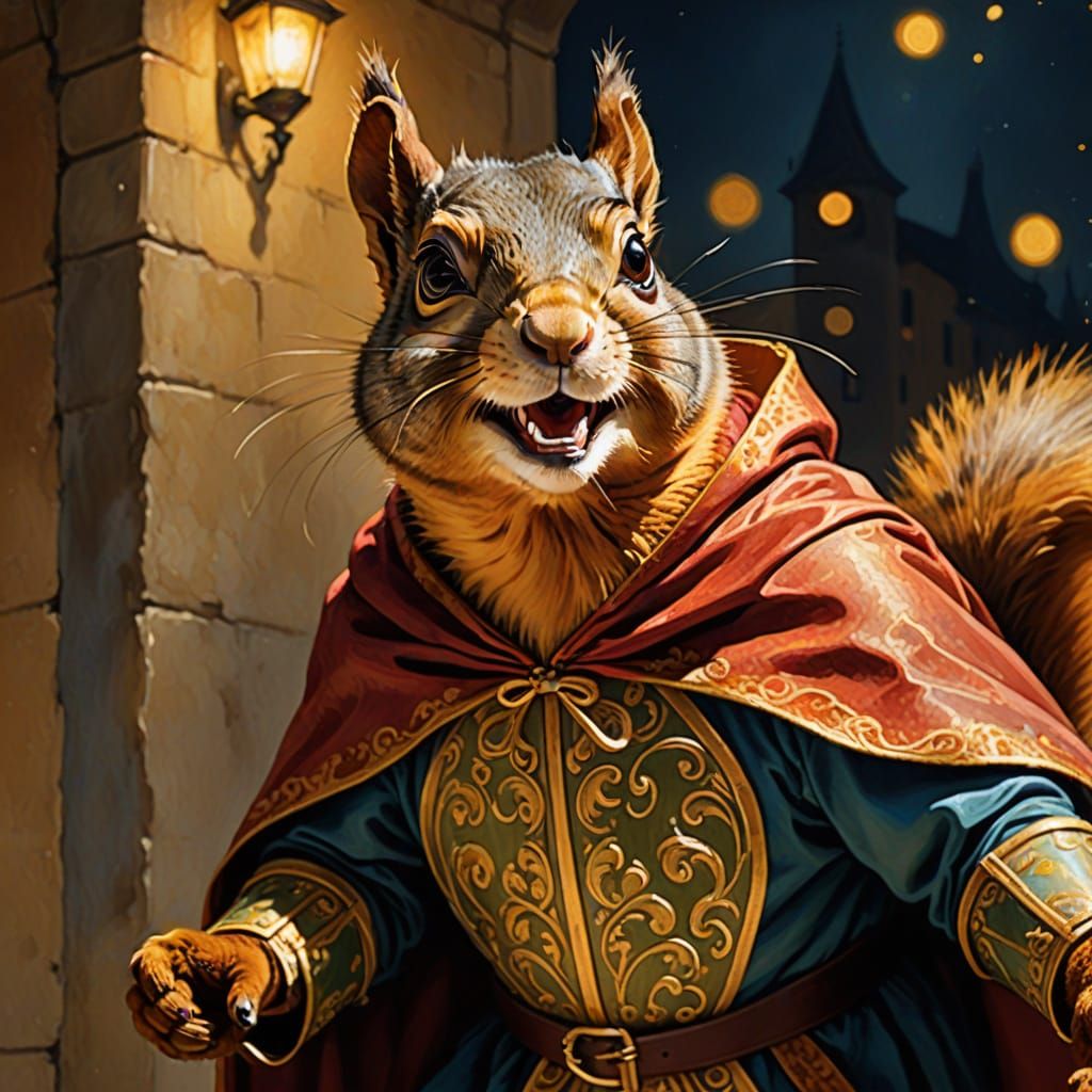 Squirrel in Commedia dell'arte Steals Nut