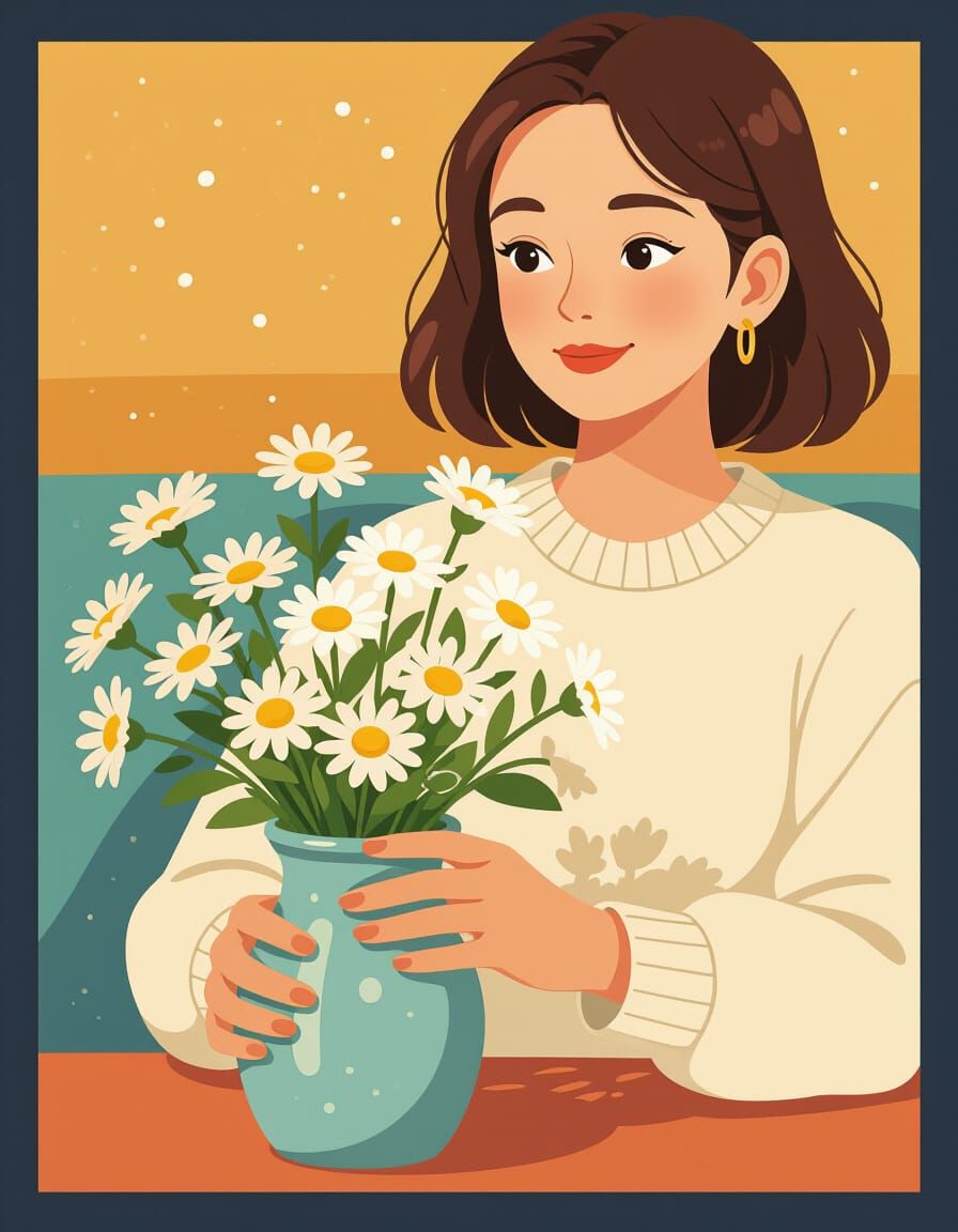 Woman with Daisies in Illustrative Style